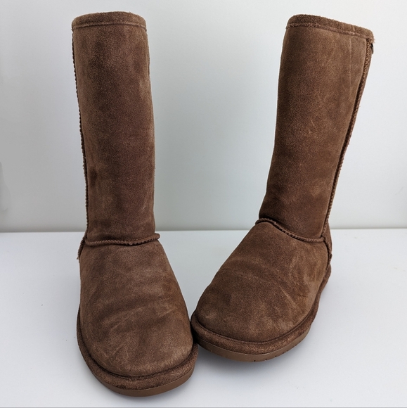 BEARPAW Emma Brown Suede Tall Boots Slip On Sheepskin Women Sz 8 Flat Heel MINT - Picture 2 of 15